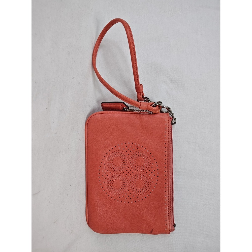 Coach Coral Pink Leather Perforated Medallion Zip Wristlet Pouch Women's
